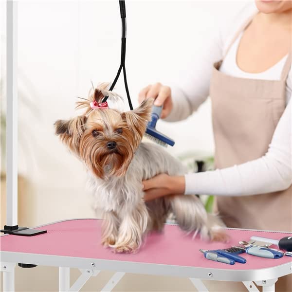 Abician Table de Toilettage pour Chien/Chat/Animaux Table de Toilettage Portable avec Potence Réglable Sangle Plateau Antidérapant 80,5× 46 × 76 cm Charge Maximale de 100 kg Rose