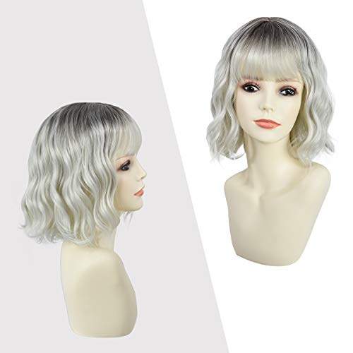 Image of Rose bud Wavy Bob Wig with Bangs Natural Black to Silver Wig Synthetic Hair Shoulder Length Short Hair Curly Wigs for Women