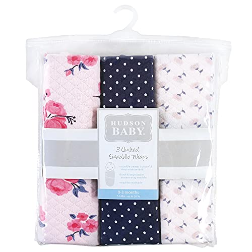 Image of Hudson Baby Unisex Baby Quilted Cotton Swaddle Wrap 3pk, Pink Navy Floral, 0-3 Months