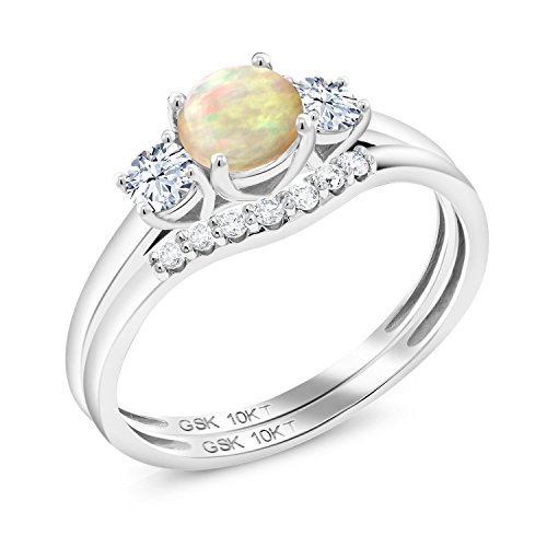 Gem Stone King 10K White Gold Ethiopian Opal White Created Sapphire and Lab Grown Diamond Women 3-Stone Bridal Wedding Ring Set (0.63 Cttw, Available in size 5, 6, 7, 8, 9)