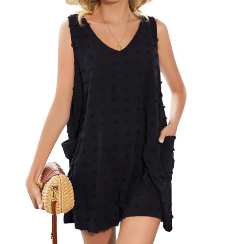 Beach Swimsuit Cover Up for Women, Swiss Polka Dot Bathing Suit, Classic V Neck Dress with Pockets