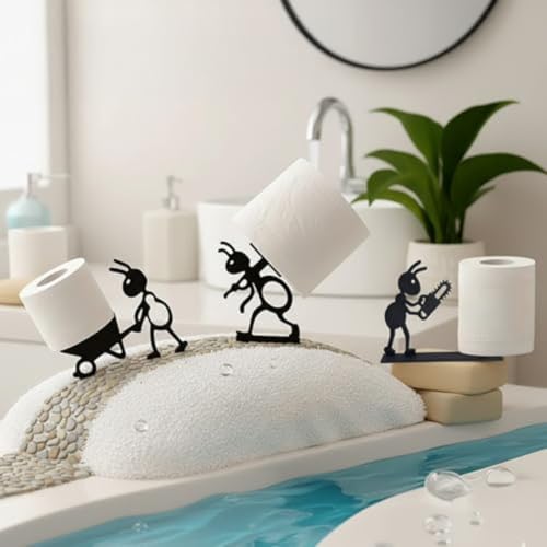 3pcs Funny Ant Toilet Paper Holder Freestanding Decorative PLA Stand for Bathroom Countertop Restroom Organizer (3pcs Black)