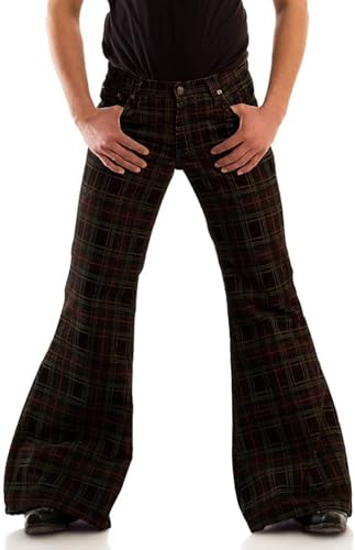 Men's Checked Corduroy Vintage 70s Bell Bottom Stretch Fit Classic Comfort Flared Flares Retro Leg Disco Pants Trousers3