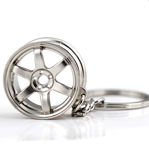 Image of maycom Creative Hot Auto Part Model TE37 Six Star Wheel Rim Tyre Keychain Keyring Key Chain Ring Keyfob Car Accessories (Matte Silver)