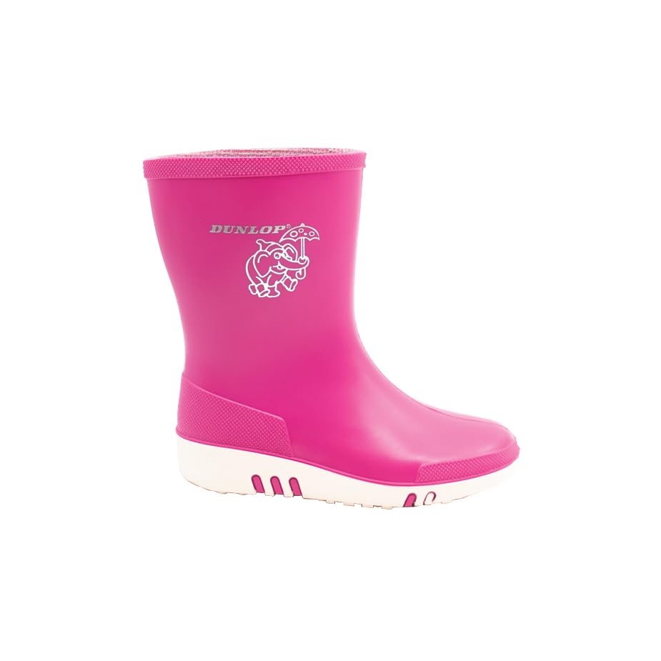 DUNLOP Mini - Unisex Kids Wellington Elephant Pattern Calf High Fashion Rain Boots, Pink/White, Waterproof and Chemical Resistant PVC Wellies for Outdoor and Gardening - EU29, UK113
