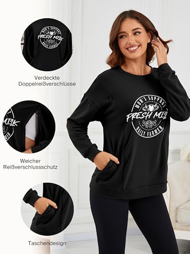 Love2Mi Damen Langarm Stillshirt lässig Unsichtbarer Reißverschluss Sweatshirt zum Stillen Umstandsmode Mit Tasche