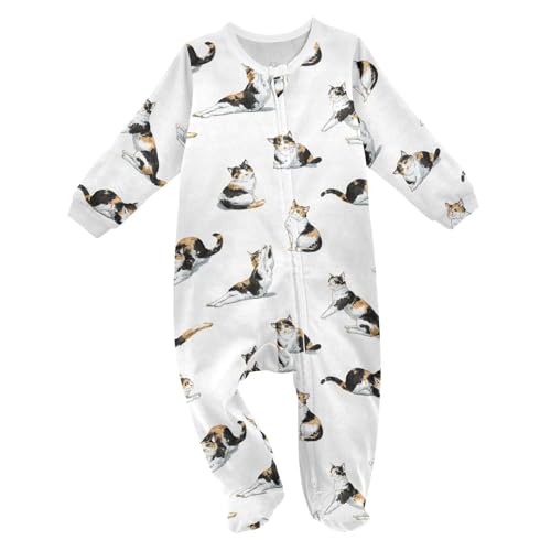 Image of XDKDZIS Cute Calico Cats Baby Sleep Play Pjs Footie Cotton One-piece Zip Front Romper Jumpsuit Pajamas 3-24M