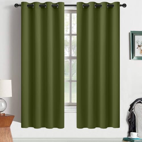 Yakamok Olive Green Blackout Curtains 63 Inches Length with Grommet Green Room Darkening Thermal Insulated Curtain Set of 2 Drapes for Bedroom Living Room, 52W x 63L,2 Panels