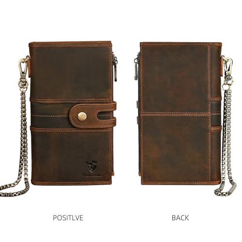 Image of Genuine Crazy Horse Leather Travel Gift Coin Pocket Card Case Long Organizer Chain Rfid Wallet Purse With Snap For Men Male 1803 1815 (1815 Brown)