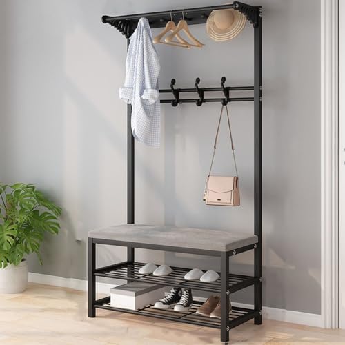 Árbol de pasillo de metal resistente con ganchos dobles, perchero independiente y banco de zapatos para entrada, sala de estar y pasillo (60/80/100 x 33 x 172 cm)
