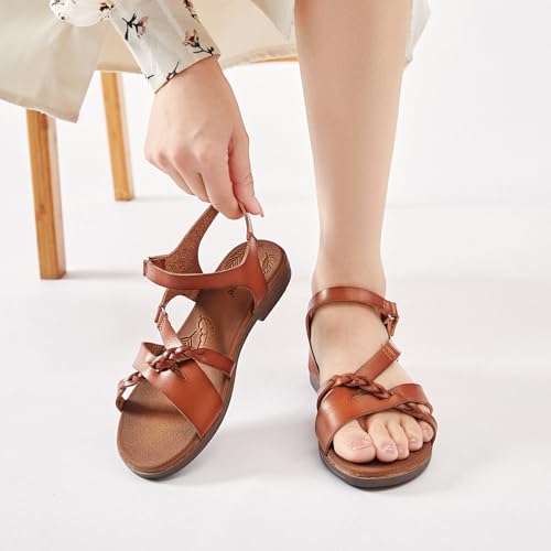 Image of Ataiwee Women's Flat Slide Sandals - Comfortable Open Toe Design,Casual Slip-On with Ankle Strap,Hook-and-Loop Closure Summer Sandals.