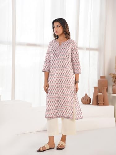 Image of GOODHAND Pure Cotton Floral Printed Long Kurta for Women | Straight Fit Ethnic Kurta | Round Neck 3 /4 Sleeve Kurta
