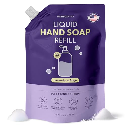 MaisoNovo Hand Soap Refills - Liquid Hand Soap Refill Made in USA - Gentle & Natural - Non Toxic Hand Refill - Good for All Skin Types - Lavender Hand Refill - Pouch 32 oz