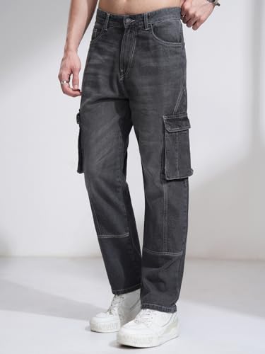 Image of Highlander Men's Relaxed-Fit Cargo Pocket Jeans | Clean Look | Cotton Comfort | Utility Style| Cargo Jeans for Man