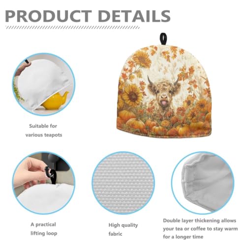 Image of Hudotybom Highland Cattle Tea Cozy for Teapot Insulated Thanksgiving Pumpkin Wadding Tea Cozies Covers Kitchen Textiles Warming Kettle Cover