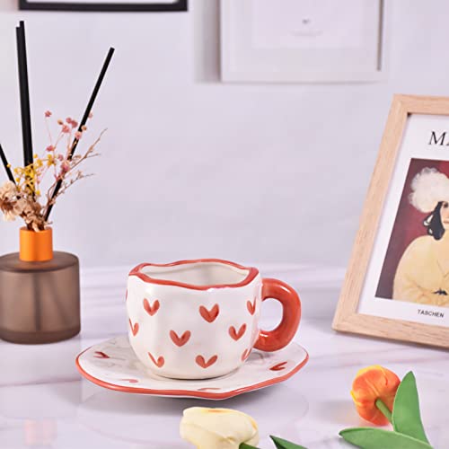 Image of Koythin 10oz Irregular Ceramic Mug With Saucer, Red Heart Latte Tea Cup