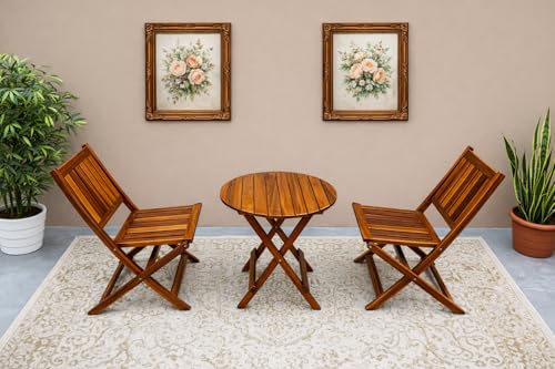 Image of 3-Piece Folding Wooden Bistro Set - Portable Outdoor Patio Table and Chair - Solid Wood Garden Furniture for Balcony, Terrace & Small Spaces