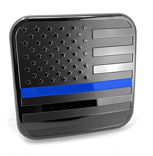 Mull Usa Flag Metal Hitch Cover Plug (Fits 2" Receiver, Black With Thin Blue Line) #TOP2