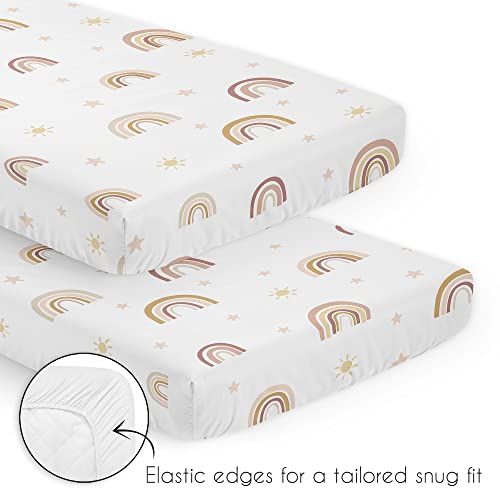 Image of Sweet Jojo Designs 3-Piece Baby Mini Crib Bedding Set (Boho Rainbow) for Girls, Infants /Nursery incl. Blanket & Portable Pack n Play Fitted Sheets (Pink, Bohemian, Modern, Celestial, Sky, Mauve & Tan)