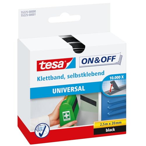 Tesa On & Off Nastro Autoadesivo Universale - Nastro Adesivo a Strappo per il Fissaggio Veloce di Oggetti Domestici Leggeri - Nero, 2 cm x 250 cm