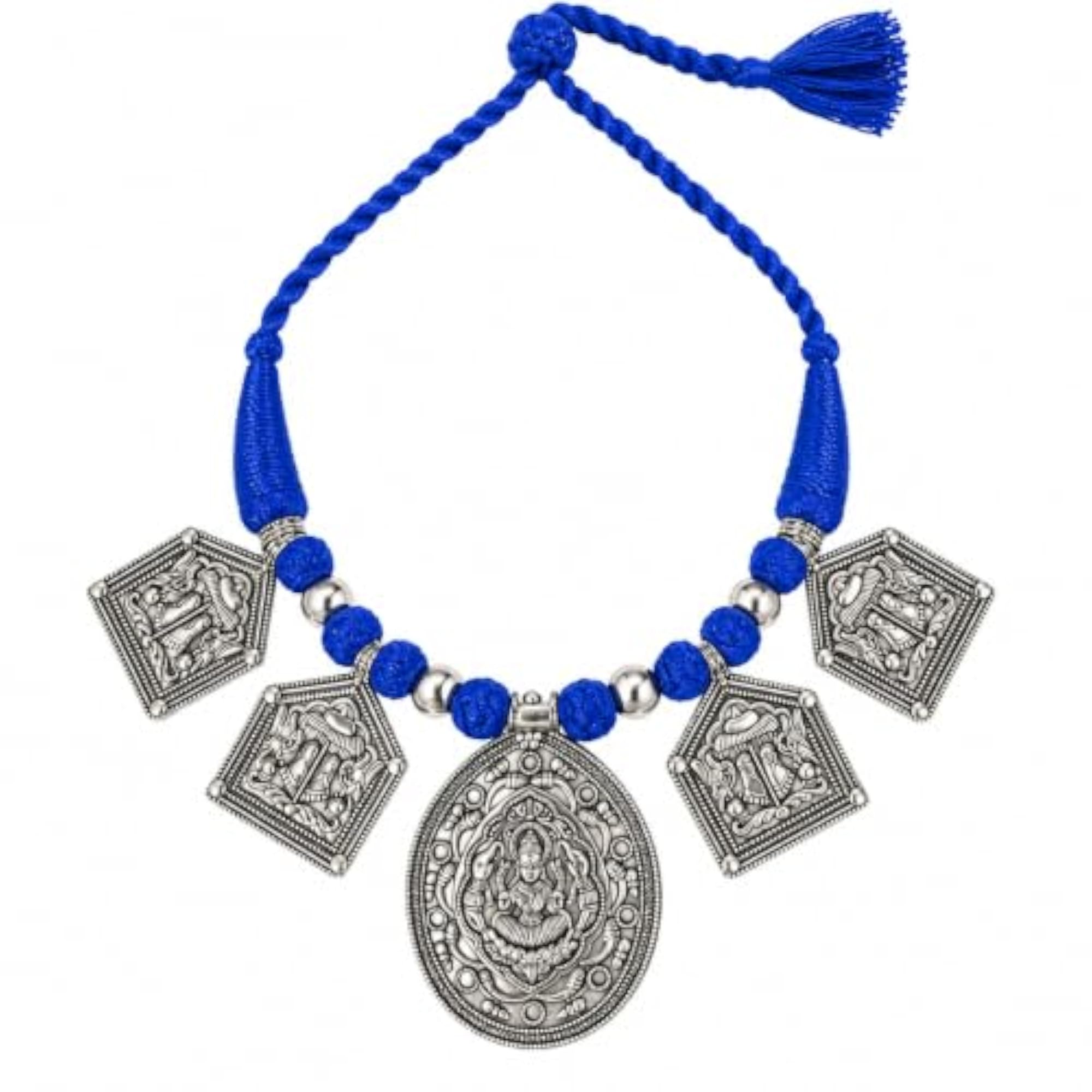 Adorable Oxidised Silver Finish Blue Thread Beaded Temple Design Necklace