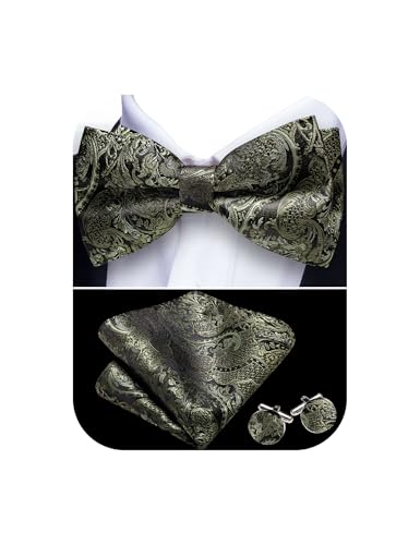 Image of Barry.Wang Paisley Striped Bow Tie for Men Silk Pre-Tied Bowtie Pocket Square Cufflinks Set Formal Wedding Party Prom