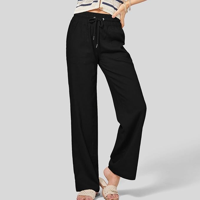 Women Linen Pants Summer Casual with Drawstring Lightweight High Waisted Wide Leg Pants with Pocket4