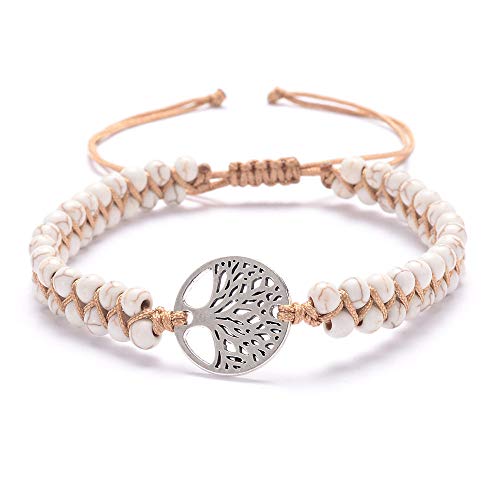 GROPC Pulsera Piedra Naturales,Pulseras con Dijes De Piedra,Pulsera Elástica De Plata Árbol De La Vida,Pulseras Turquesas Blancas De 4 Mm Pulseras Trenzadas Hechas A Mano/con Caja De Regalo Cover