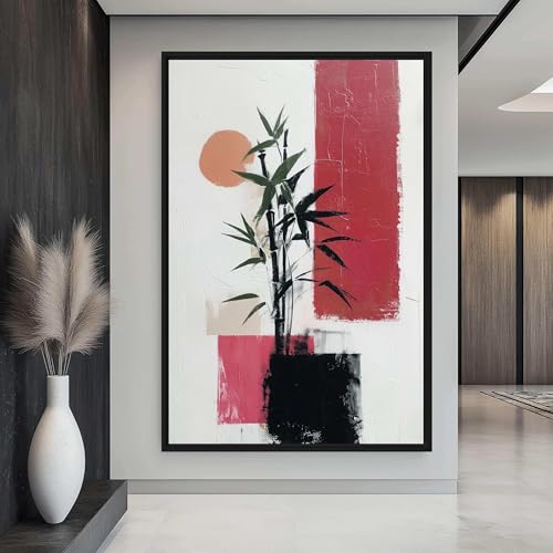Peinture à l'encre vintage et estampe japonaise grand format avec cadre intérieur en bois