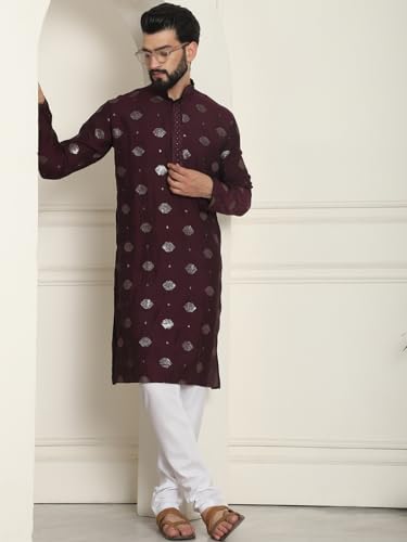 Image of SOJANYA (Since 1958 Men's Cotton Silk Sequinned Embroidered Kurta with White Pyjama