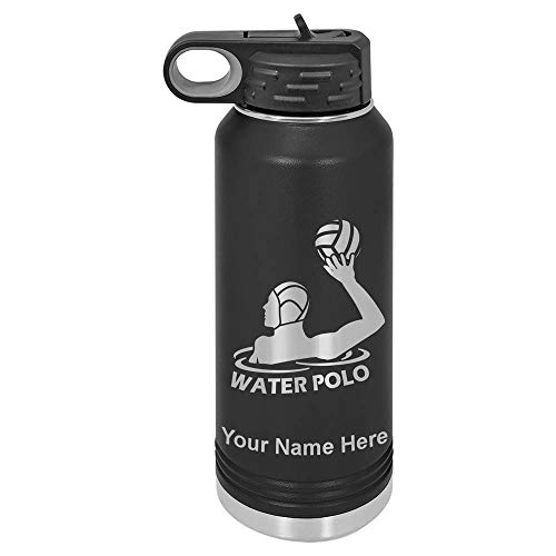LaserGram Personalized Water Bottle, Water Polo Player, Stainless Steel Double Wall Vacuum Insulated with Flip Top Straw, Custom Engraved Gift (32oz / 950ml Black)