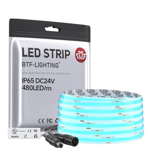 Image of BTF-LIGHTING FCOB IP65 Waterproof Ice Blue Color COB LED Strip 16.4FT DC24V 480LED /m 8mm Width Flexible High Density CRI 90+ Dimmable LED Light for Home Indoor Decor(No Controller or Adapter)