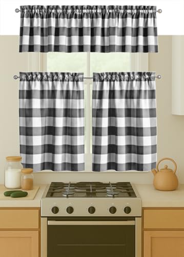 Native Fab Grey Buffalo Plaid Tier Curtains with Valance, 3 Piece Cotton Window Set, 2 Tiers 26x36 Inch and Valance 54x18 Inch, Rod Pocket Curtains for Kitchen, Bedroom, Office, Grey White
