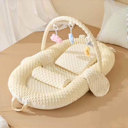 Dtnw ベビーベッド 新生児 添い寝ベッド 折りたたみ式 乳幼児用ベッド ベッドインベッド 軽量 寝返り防止 ミニ コンパクト 転落防止 洗濯可能 嘔吐防止パッド おもちゃラック付き 出産祝い (ベージュ,シングルベッド + スロープマット + おもちゃ