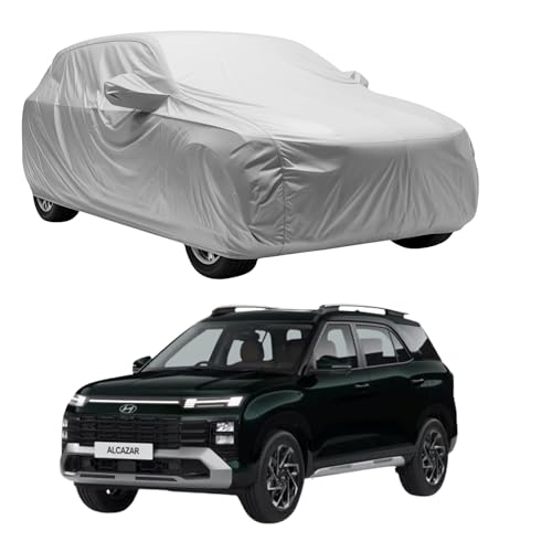 Image of Car Body Cover Compatible with Hyundai Alcazar 2026-2025 Facelift | Waterproof Heavy Duty Car Body Cover + Sun Protection + Triple Stitched + Mirror Pocket (Silver)