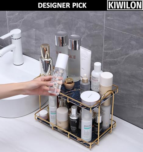 Image of Bathroom Countertop Organizer | Kitchen Organizer Rack | 2 Tier Storage Rack Shelf with Gold Frame & Black Marble Finish Trays (31 * 14 * 25cm)