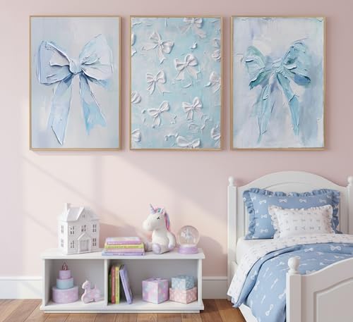 Image of 3Pcs Trendy Blue Bow Canvas Wall Art Vintage Cute Preppy Watercolor Bow Painting Pictures Wall Decor Posters Prints Girly Aesthetic for College Apartment Bedroom Decoration Unframed