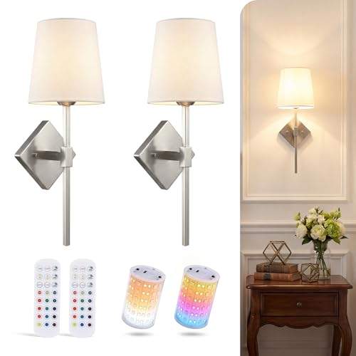 Image of CLOUDY BAY 10000mAh Battery Operated Wall Sconces,Up to 100 Hours with Rechargeable RGB Dimmable Magnetic Bulb,Cordless Wall Lighting Fixtures with Remote for Bedroom,Brushed Nickel,2 Pack-18inch