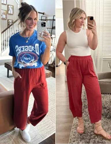 Image of Xiaoxuemeng Womens Baggy Wide Leg Pants Casual Elastic Waisted Palazzo Harem Pants with Pockets