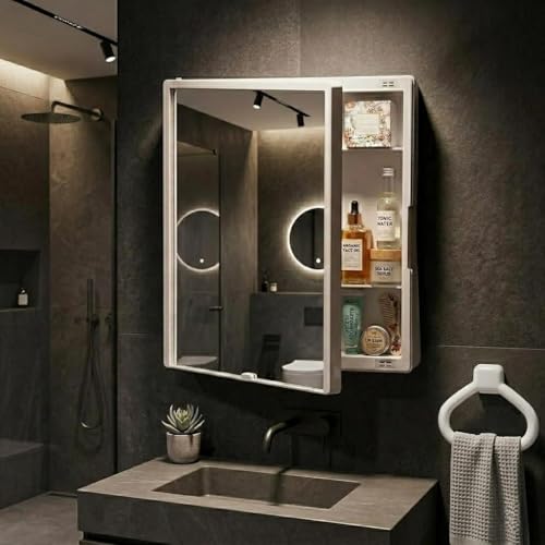 Image of BRANCO New Rich Look Bathroom Cabinet with Mirror | Storage Organiser | Strong Plastic Bathroom Shelves Wall Mounted | Bathroom Accessories| Mirror Cabinet | with Towel Ring | White