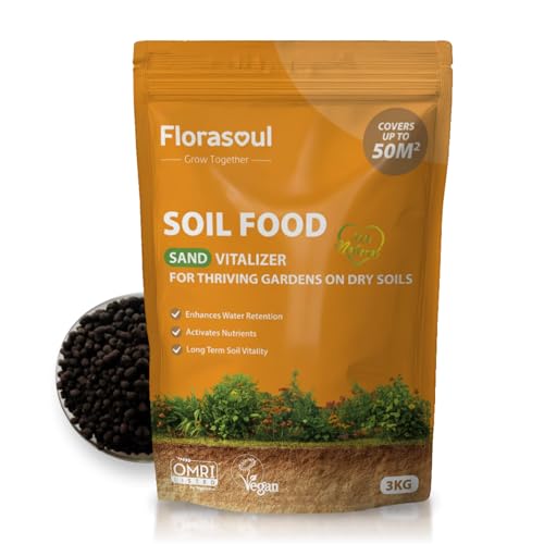 Florasoul® Bodemverbeteraar voor Zandgrond | BIO Wateropslag tegen Droge Grond | Verbetert Opname van Voedingsstoffen & Wortelgroei | Granulaat voor Moestuin, Gazon & Bloemen | 3kg voor 50m²
