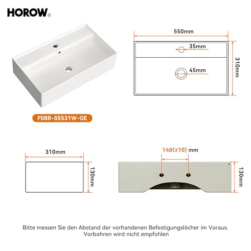 HOROW Lavabo con diseño de borde fino, rectangular, lavabo colgante o lavabo, con orificio para grifo, lavabo de pared para invitados, ideal para baño y lavandería - imagen 6