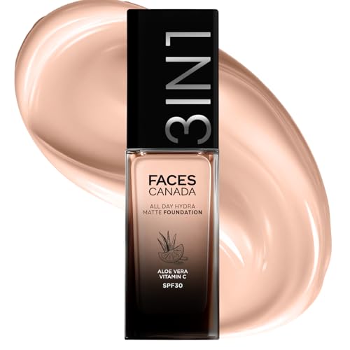 Image of FACES CANADA All Day Hydra Matte Foundation | 3-in-1 Foundation + Moisturizer + SPF 30 | 24 HR Aloe Hydration & Vitamin C | 10HR Long Wear | Medium to High Buildable Coverage | Rose Ivory 011 | 30ml
