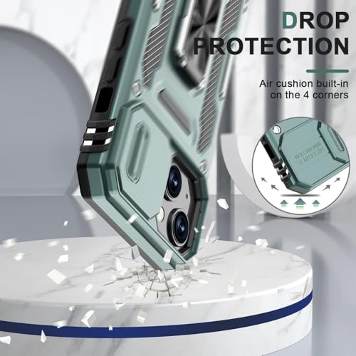 Image of Polycarbonate Back Cover Case Compatible for Apple iPhone 15 with Slide Camera Cover & Rotated Ring Kickstand | Military Grade Mobile Phone Cover Case for Apple iPhone 15 (Green)