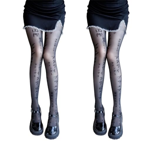 Premium Velvet Japanese Mock Tattoo Patterned Women's Tights with Designs Black White Pantyhose Sheer Stockings