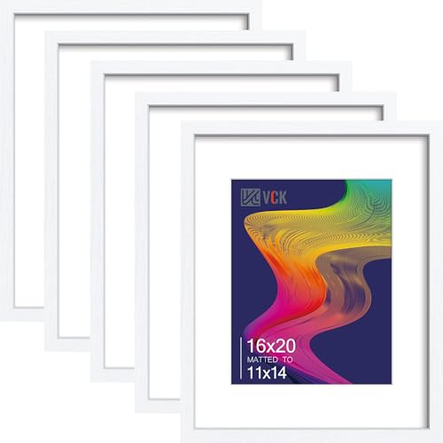 Image of VCK 16x20 Picture Frames 5 Pack, White Wood, 11x14 Mat, Glass, for Poster
