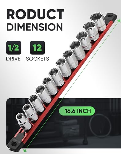 Image of ALOANES Magnetic Socket Organizer Set, 1 /2-Inch Drive Heavy Duty Aluminum Socket Rail Organizer, 360 Swivel Clips Socket Holder Kit for Toolbox Drawer Fit 1 /2-Inch x 12 Clips (Red, 1PC)