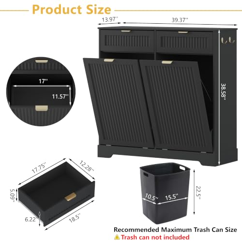 Image of Double 13 Gallon Tilt Out Trash Can Cabinet,Garbage Cabinet with Drawer | Hidden Garbage Storage with Fluted Design, Drawer & Hooks for Kitchen, Dining Room and Small Space Organization,Black