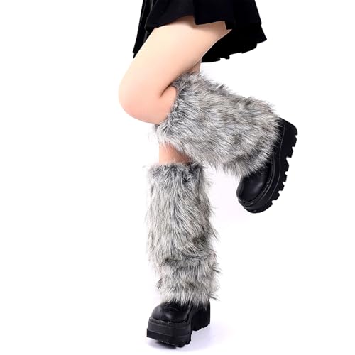 OSPNIEEK Fur Leg Warmers Furry Leg Warmers for Womens Faux Fluffy Leg Warmer Soft Fuzzy Leg Warmer Boot Cuffs Covers for Winter Warm Christmas Halloween Cosplay Party (Grey)