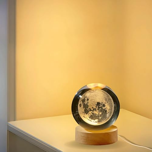 Image of 3D Moon Crystal Ball Night Light with Wooden Base, Table Lamp